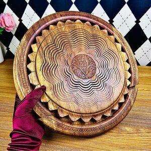 Rare Collapsible Basket Wooden Bowl Sunflower Design Vintage Rustic Innovation